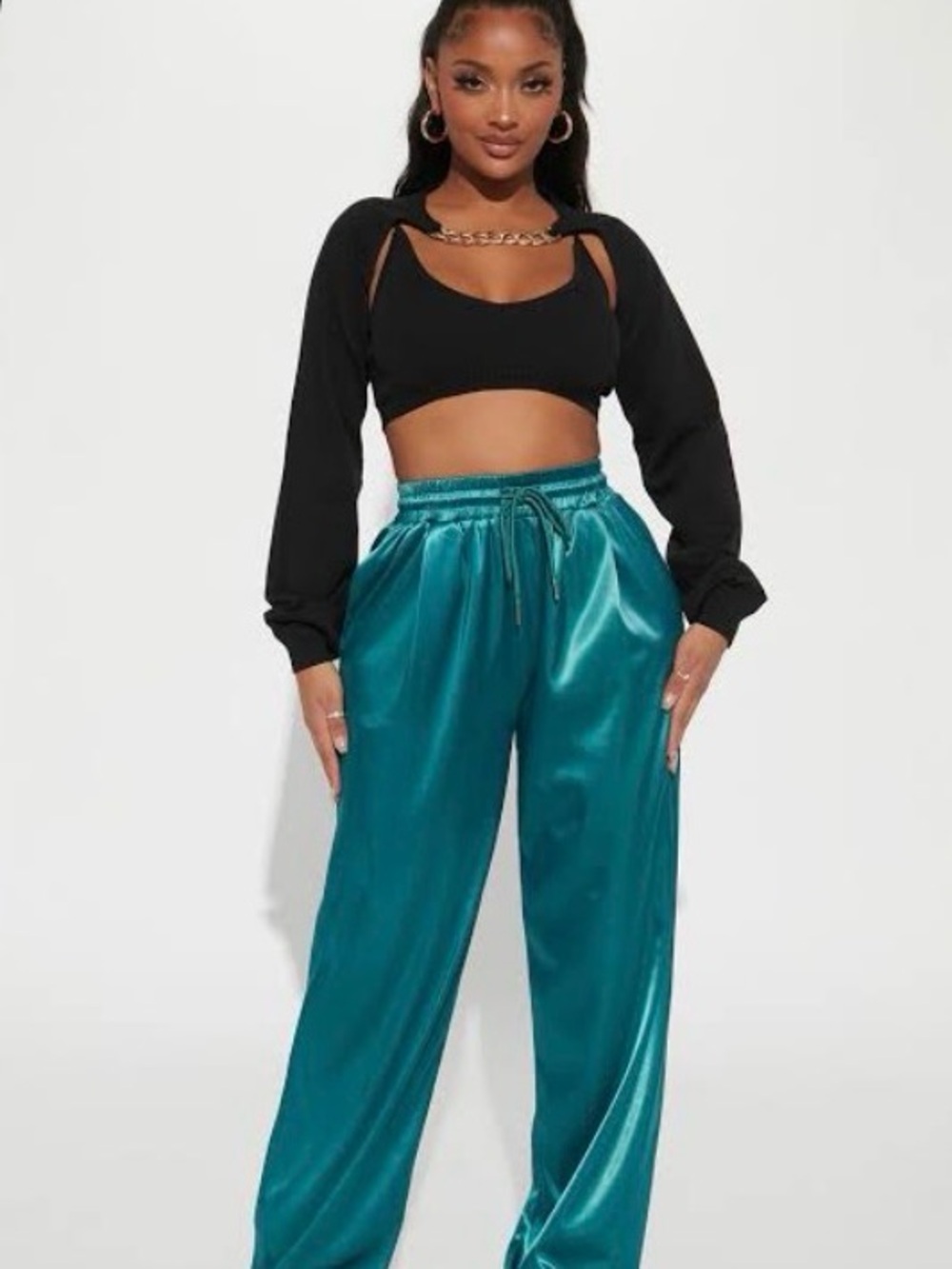 *NWT* Fashion Nova Teal Satin Wide-Leg Drawstring Pants